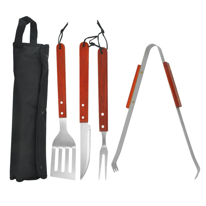 Ventas directas de mano de madera BBQ BBQ conjunto de parrilla clips de parrilla tenedor cuchilla delantal Oxford bolsa de tela parrilla set de cinco piezas