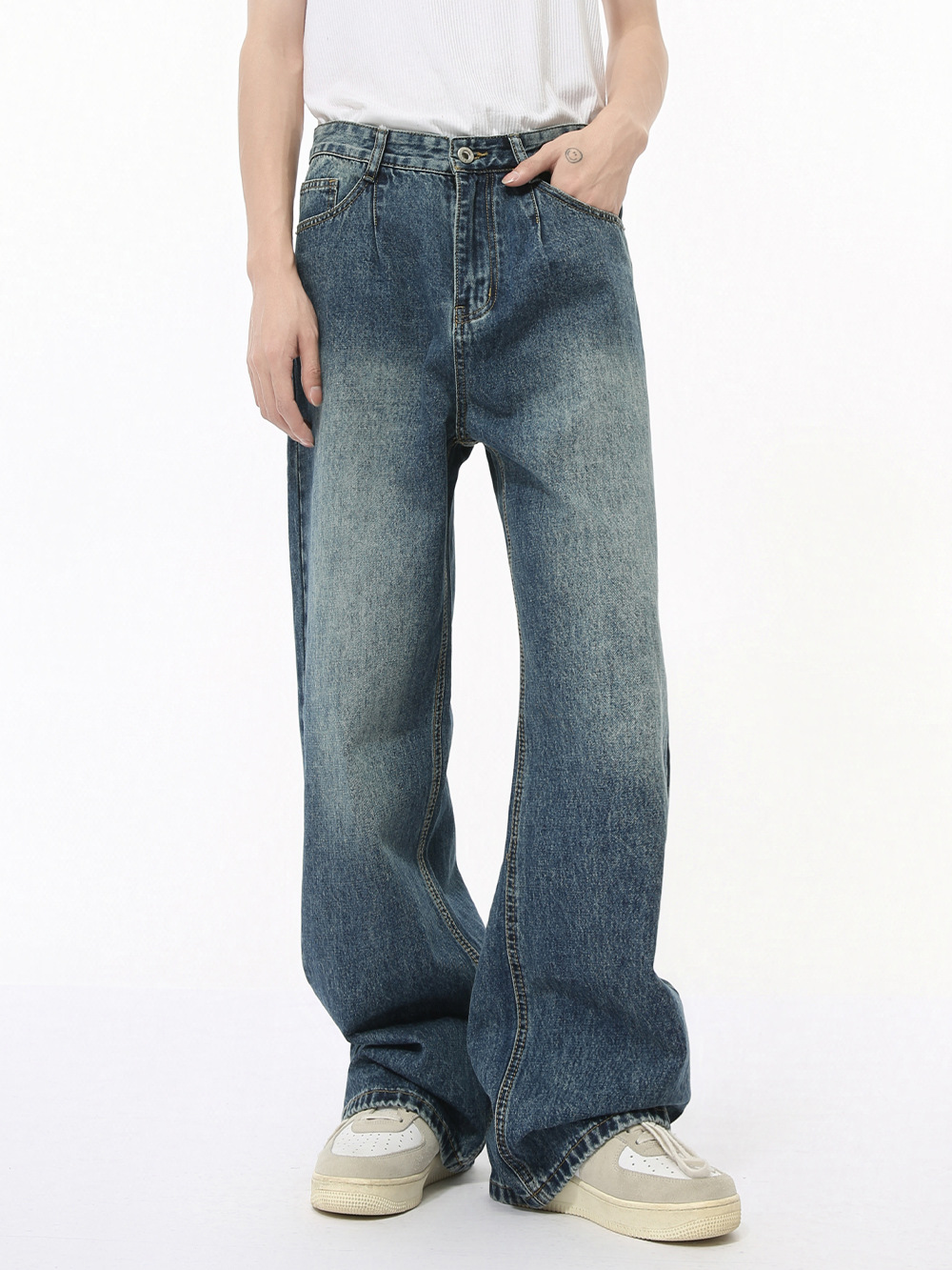 MTLCLOTHES Hombres| Retro americano hecho viejo blanco pulido rectas piernas largas jeans de calle de moda casual