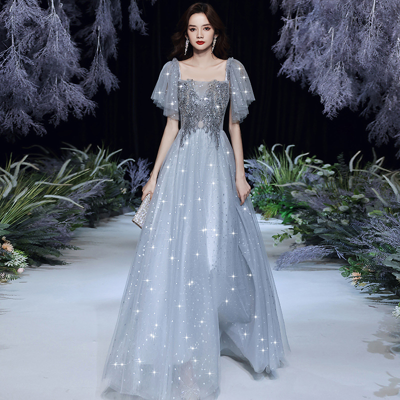 Evening Dress for Women 2026 New Style Banquet Square Neck Long Dress for Annual Meeting Host Light Blue Bridesmaid Dress Petite Slimming