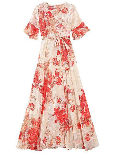 Summer Short Sleeve Printed Women's Skirt Elegant and Refined Long Dress Slimming Waist Refined Goddess Style Short Sleeve Fairy Skirt Trendy
