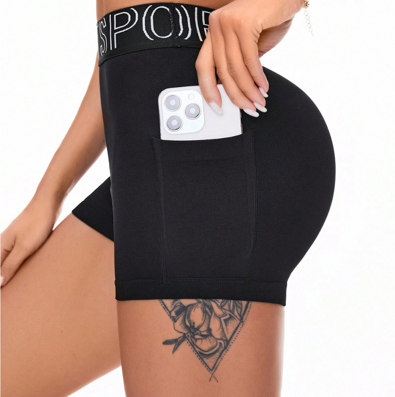 Women's Athletic Shorts with Letter Waistband, Seamless, with Pockets, Tummy Control, High Waist, Butt-Lifting, Slimming, High Elasticity, Fitness Yoga Pants
