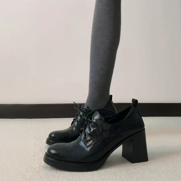 Sheepskin Version ~ Retro Elegant High-Heeled Small Leather Shoes Round-Toe Commuter Thick-Heeled Flats Women's Lace-Up Small Loafers