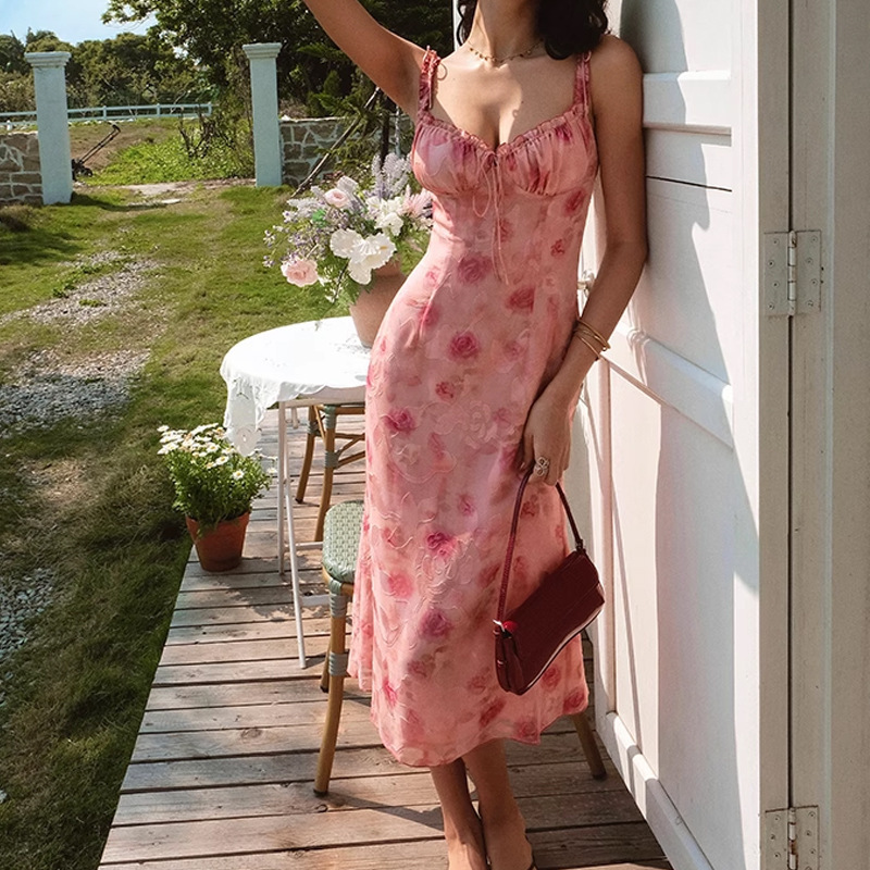 Itsni Textured Printed Suspender Dress Women's Summer Slimming Look Hip-Hugging Skirt Retro Rose Long Skirt Itsni Textured Printed Suspender Dress Women's Summer Slimming Look Hip-Hugging Skirt Retro Rose Long Skirt