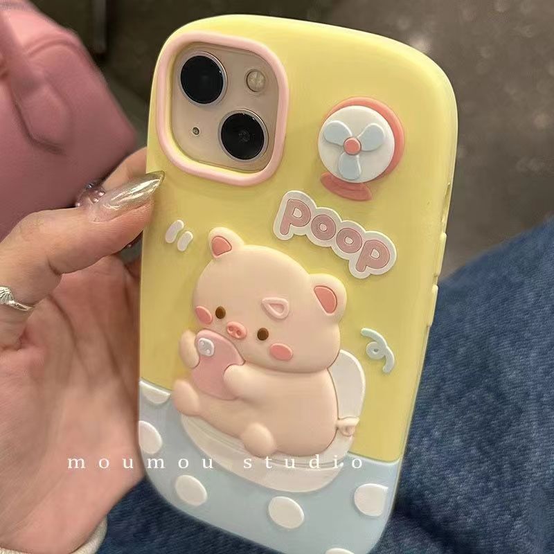 Rotating fan pig Apple 12pro cartoon toilet pig phone14promax silicone xr,xs phone case 13