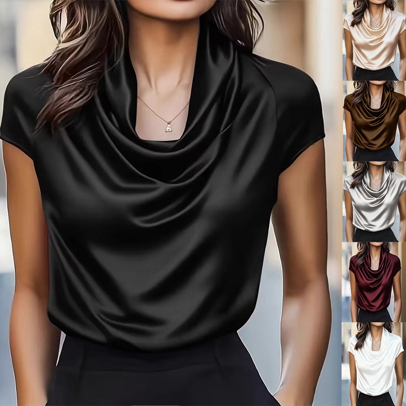 2026 Spring/Summer Amazon Cross-Border Independent Site New Women's Fashion Draped Collar Short Sleeve Top Versatile Shirt for Women 2026 Spring/Summer Amazon Cross-Border Independent Site New Women's Fashion Draped Collar Short Sleeve Top Versatile Shirt for Women