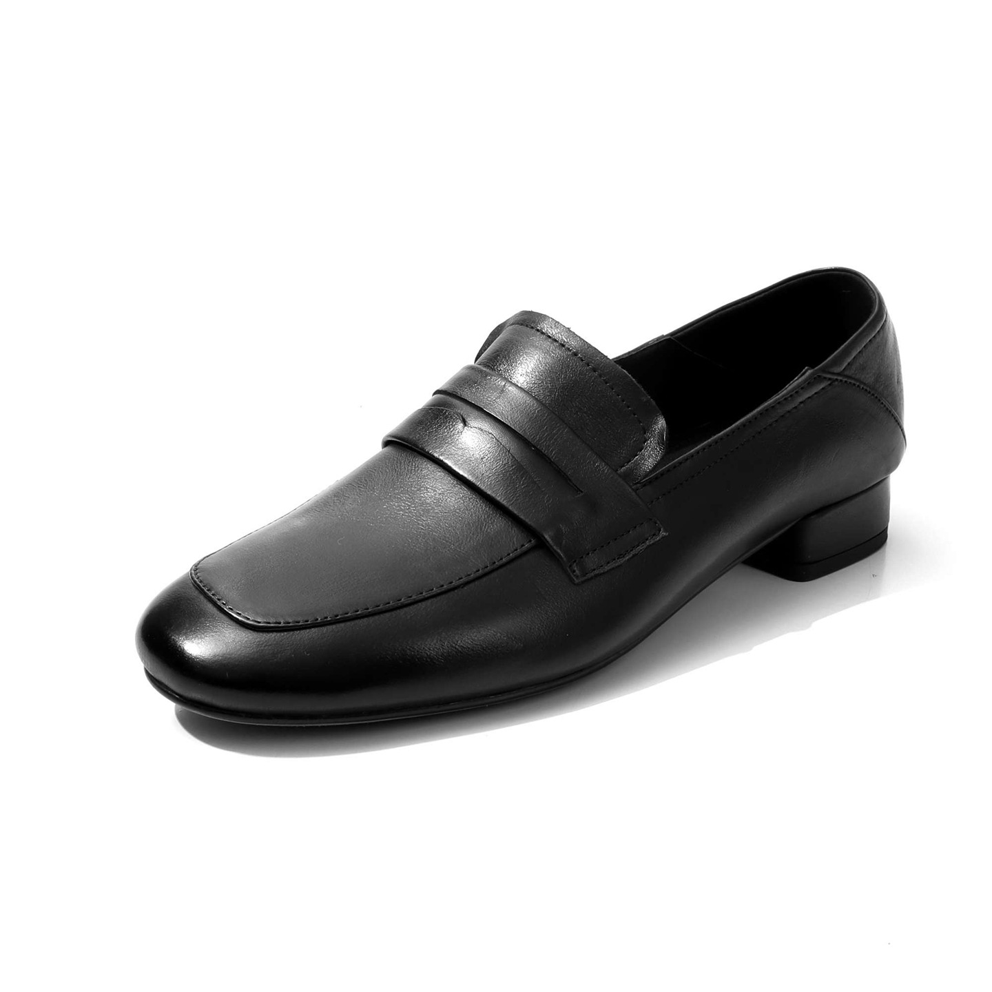 Giày loafer nữ mũi tròn da bò, gót vuông 2.5 cm phong cách Pháp — màu nâu