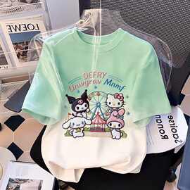 俏妮卡纯棉女童短袖体恤中大童2026夏季新款韩版撞色圆领短袖上衣