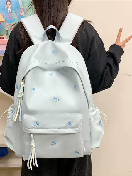 School Bag for Girls, Simple and Versatile Backpack for College and Middle School Students, Cute Embroidered Bow Backpack, Travel Backpack