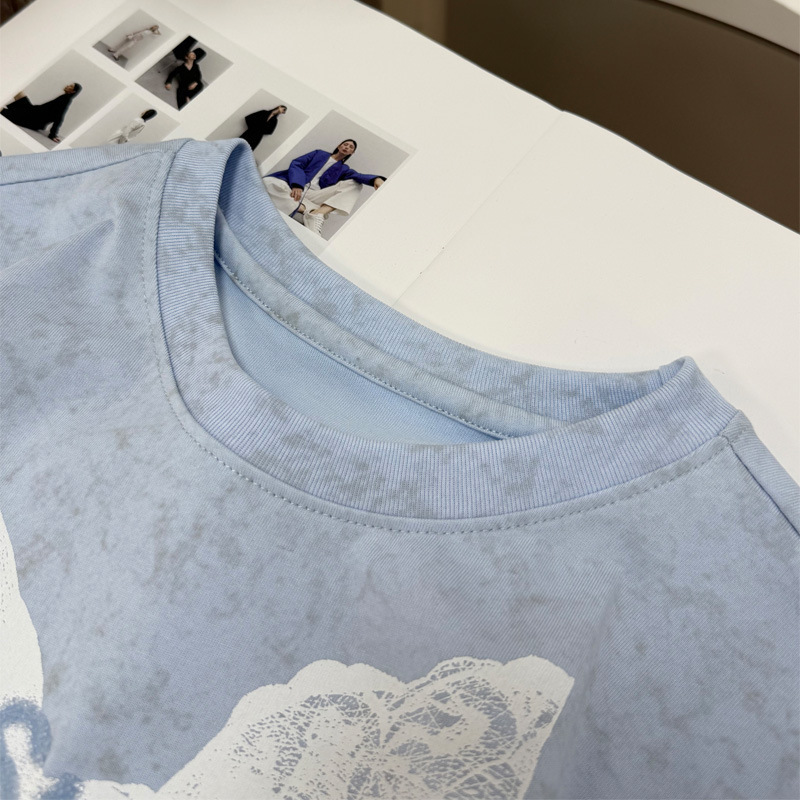 Rui Fan 25 夏の新デザイナースイートクールレースリボンプリントグラデーションパターンホットダイヤモンドスリムフィット多用途 T シャツ|undefined