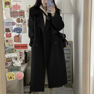 黑色毛呢宽松外套秋冬高级小个子2024新款韩系赫本加厚呢子大衣