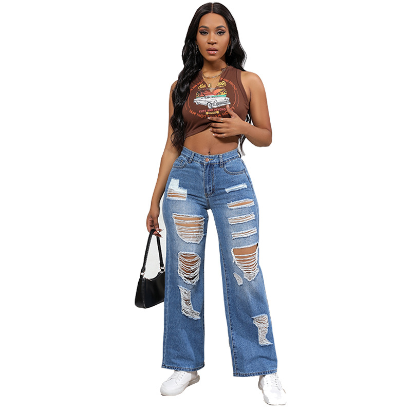 2024 verano nuevo estilo europeo y americano hipster jeans holgados pantalones vaqueros de pierna ancha para mujer suministro de stock de fábrica al por mayor