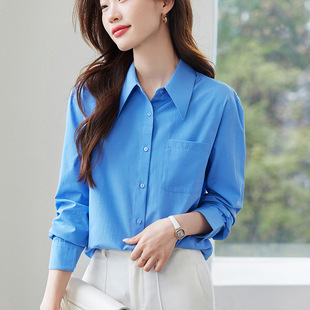 French Blue Long Sleeve Shirt Women's 25 Spring Loose Stacked Casual Shirt