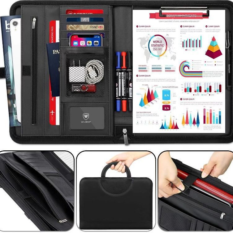 Multifunctional Leather File Folder A4 Foldable Magnetic Handle Waterproof File Folder Zipper Tablet Large Compartment