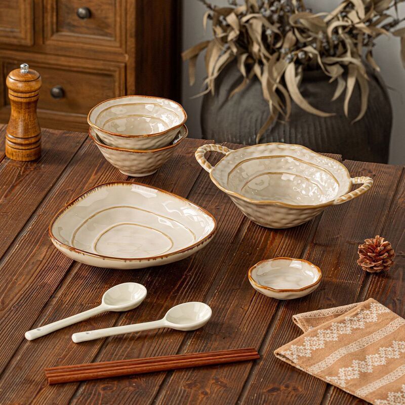 Retro-style Instagram-worthy bowl and plate set for home use, high aesthetic value, single-serving bowl, plate, ramen bowl, double-handled soup bowl, ceramic tableware
