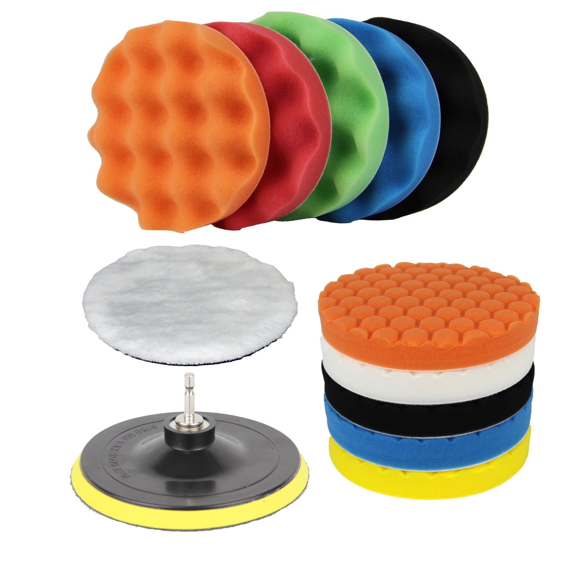 6寸M14黄色泡沫抛光垫套装,适用汽车清洗打蜡封釉,带 1/4 连接杆