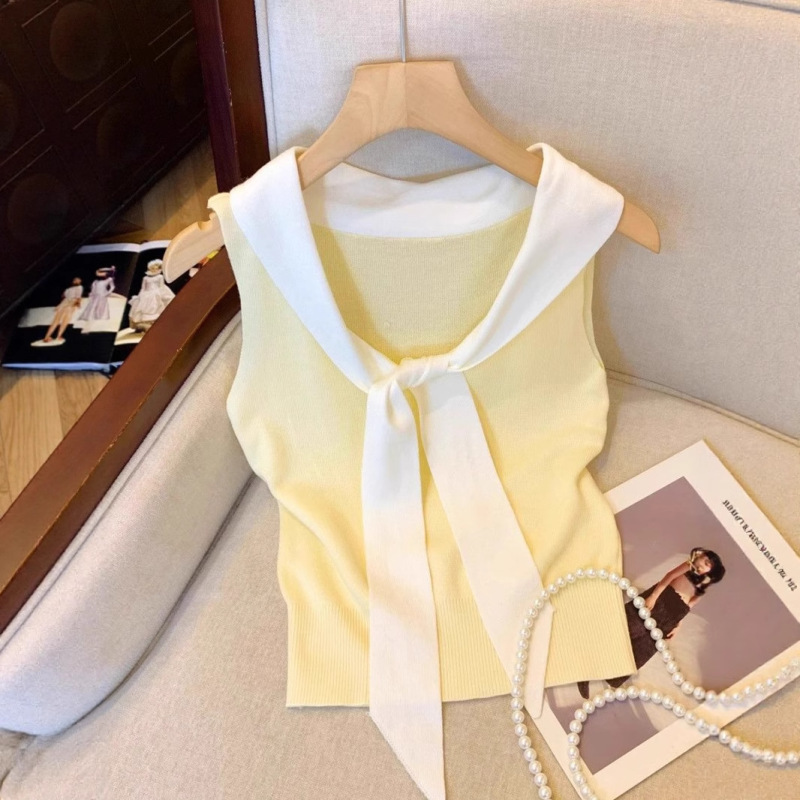 Dopamine Navy Collar Lace-Up Knitted Vest Women's Summer Design Slimming Look Chic Sweet and Spicy Sleeveless Top