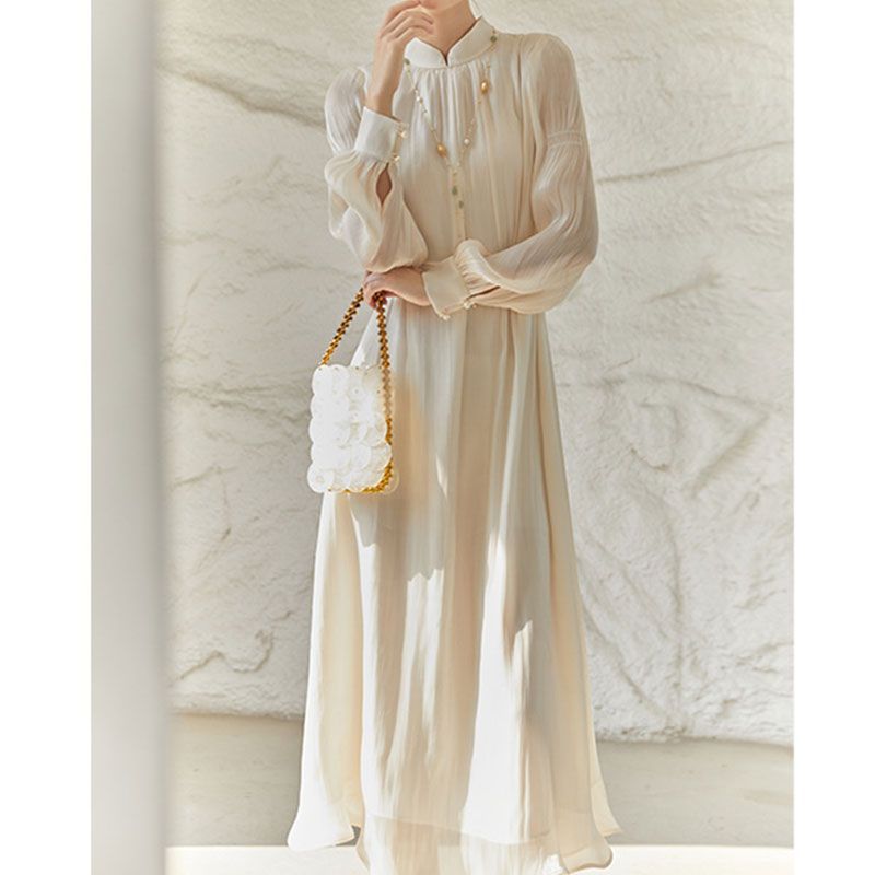 New Chinese-style waist-cinching slim-fit stand-collar long dress, summer new model with Han elements, light-colored elegant dress