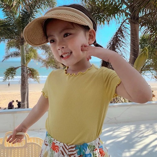 Summer Korean-style children's ruffled-edge top for baby girls — versatile short-sleeve T-shirt, simple and easy-to-match solid-color base layer
