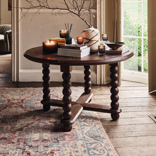 北欧法式复古做旧实木茶几美式乡村复古罗马柱圆小桌子客厅咖啡桌