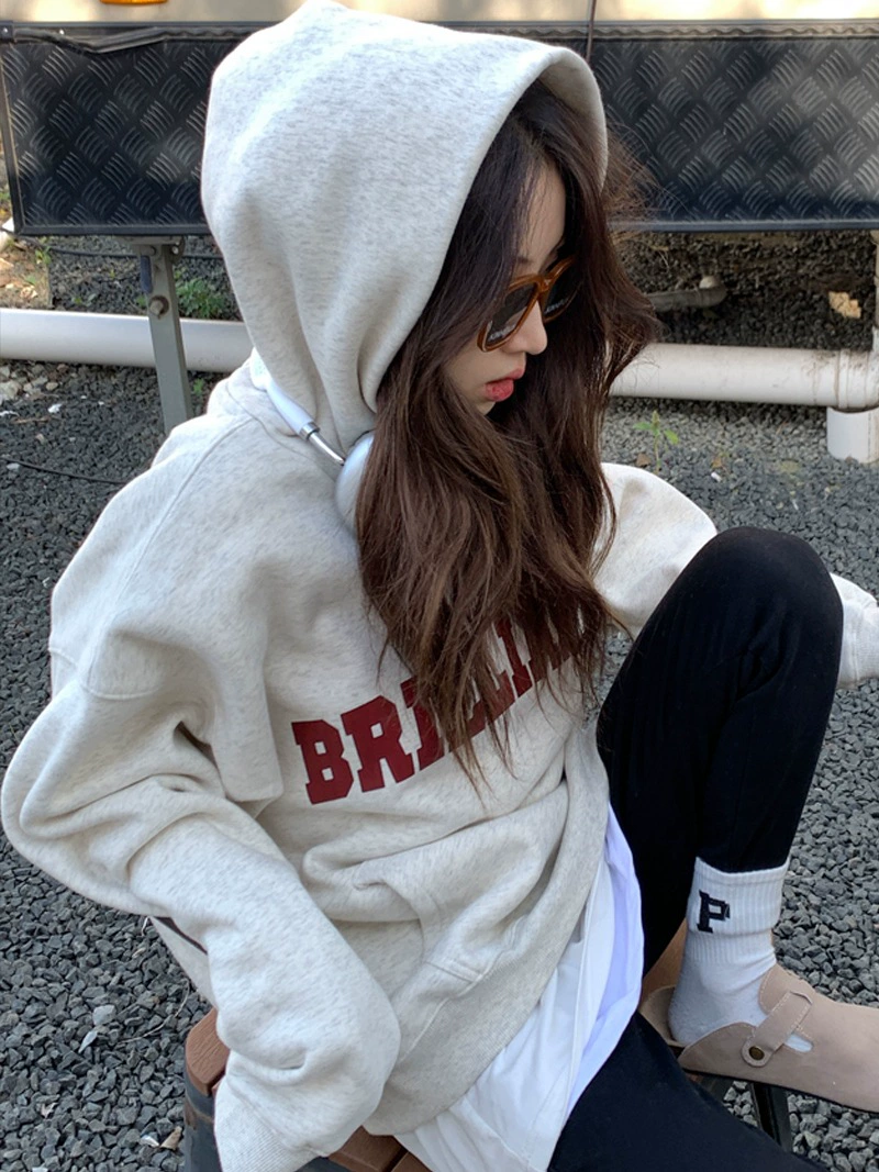 TXT осенне-зимний повседневный свободный пуловер в стиле ретро, ​​ленивый стиль, бархатная толстовка большого размера, женская верхняя куртка с капюшоном