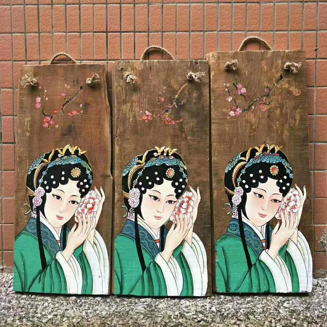 厂家批发手工绘画实木装饰中国风山水禅意古典人物壁画风化木画板