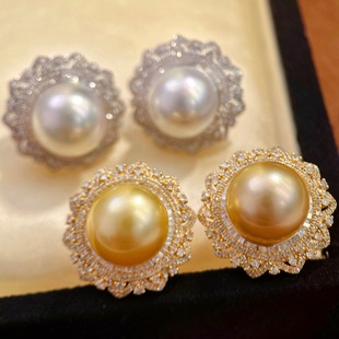 18K Gold Earrings and Ear Clips Inlaid with D 1.9Ct Diamond Yellow and White Color Picture with 12-13mm Bead Accessories Without Beads