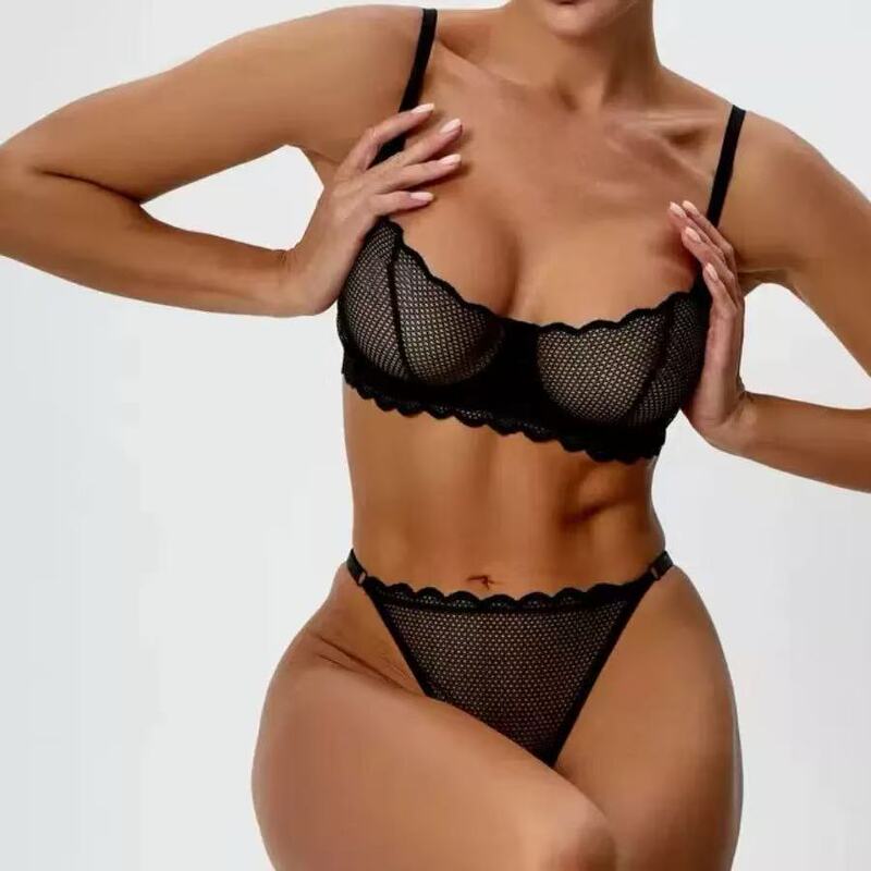 Foreign Trade Cross-Border New Lace Mesh French Lace Ultra-Thin Underwear Sexy Suit Bra and Panties Multi-Color Ready Stock