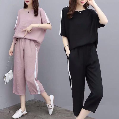 Summer Korean-style two-piece set for large size women, loose and comfortable wide-leg pants set for plus-size women