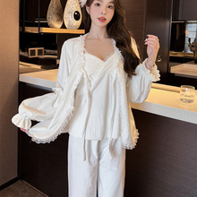 睡衣女2024年春秋夏季新款海岛绒长袖性感蕾丝边舒适感家居服套装