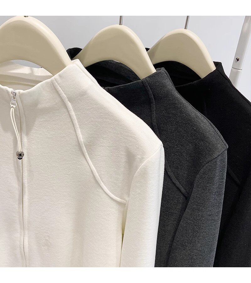 Áo khoác cardigan nữ dáng ôm cổ lọ nửa, khóa kéo đôi, tay dài, chất nhung Đức dày — màu xám đậm, màu đen, quả mơ chi tiết 8