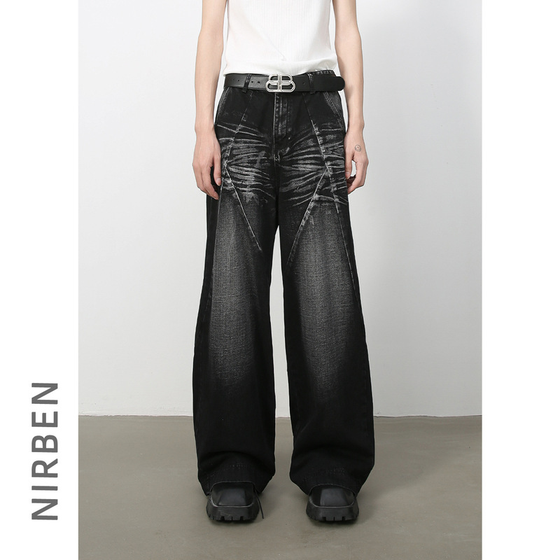 Nirben Denim | American High Street Washed Stereo Cut Stitching Jeans Men's Loose Straight Wide Leg Pants Nirben Denim | American High Street Washed Stereo Cut Stitching Jeans Men's Loose Straight Wide Leg Pants