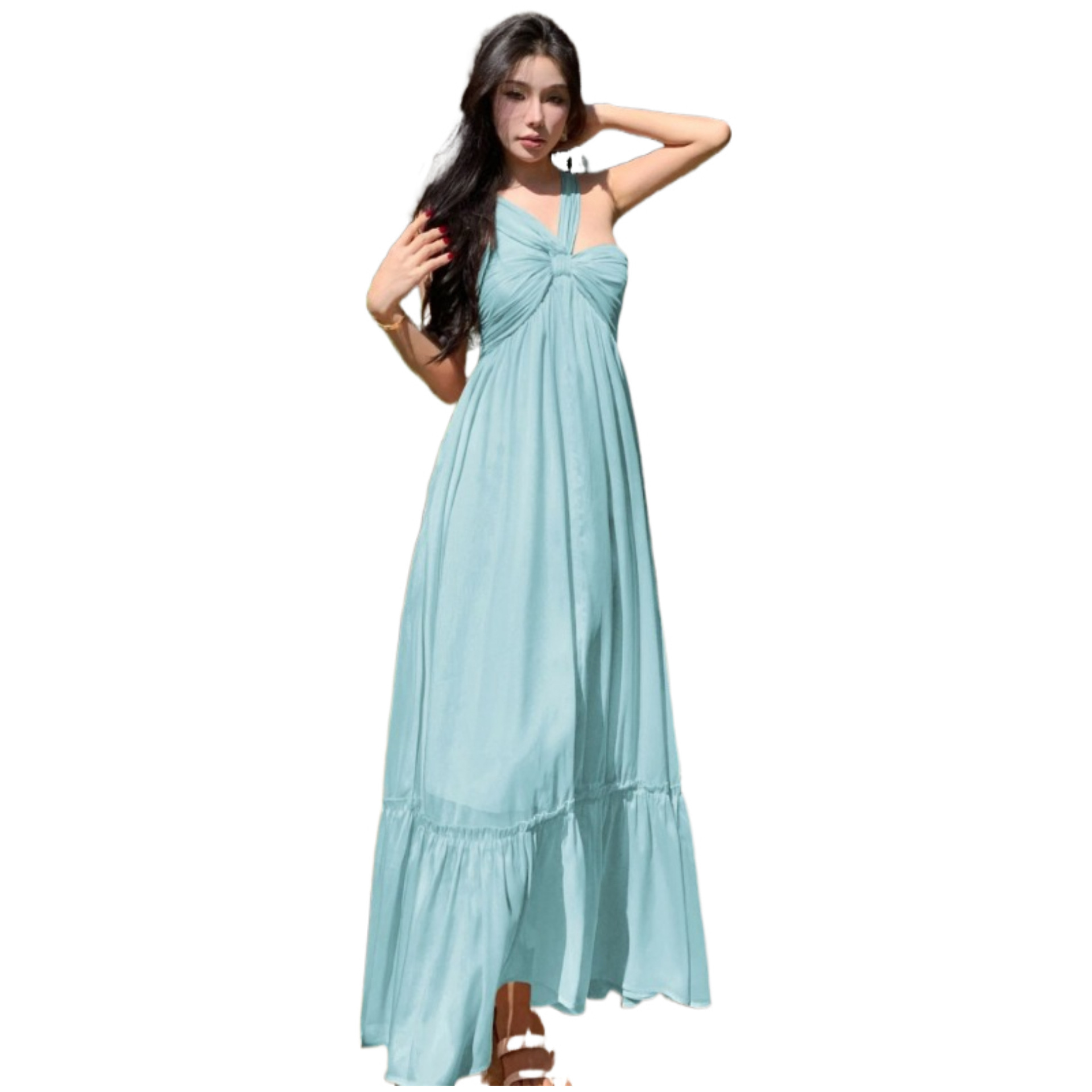 프랑스 스타일 우아한 목 교수형 스트랩 원피스 요정 여름 하이 엔드 분위기 해변 홀리데이 비치 롱 원피스