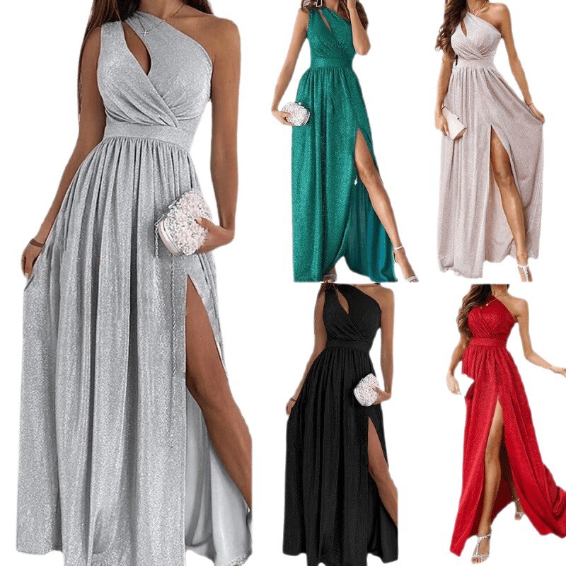 2025 AliExpress ウィッシュホットスタイル夏ノースリーブオフショルダー中空ホルターネックスリットロングドレス女性用|undefined