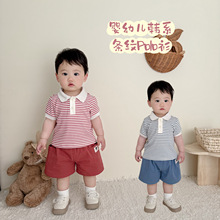 儿童条纹短袖T2024夏装男女宝宝韩版翻领polo衫小童洋气百搭半袖T
