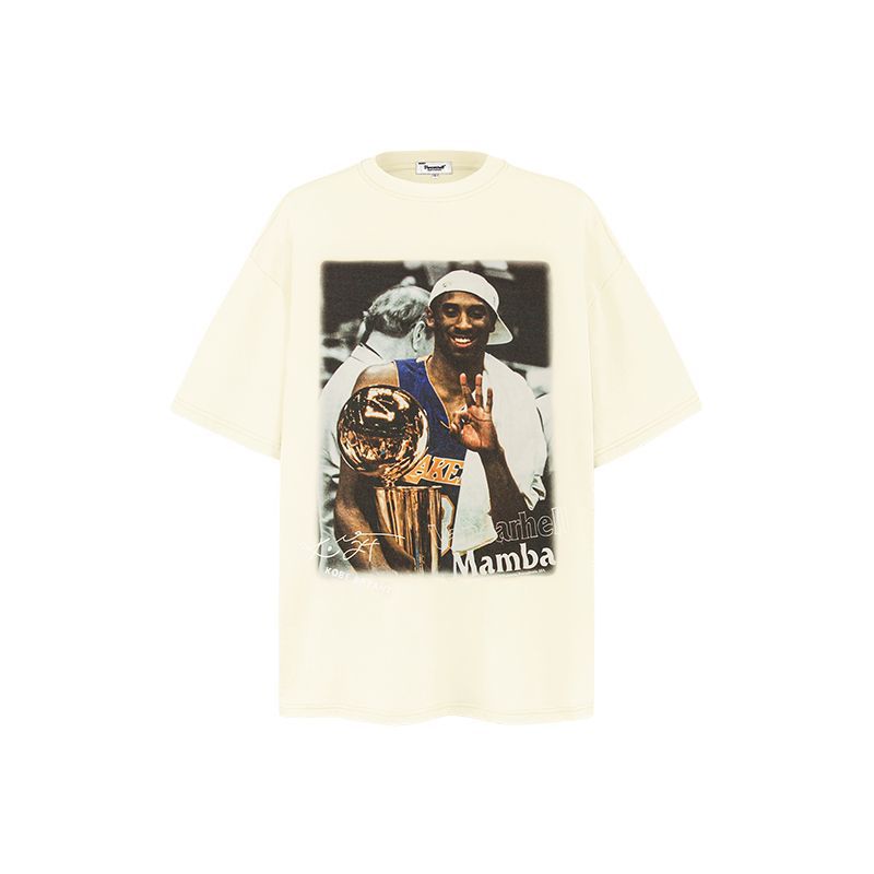 アメリカンレトロトレンディブランドウォッシュ加工ダメージキャラクタープリント半袖Tシャツメンズ夏新作ルーズカップル半袖シャツ