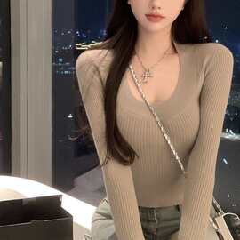 春季新款大U领体恤衫女打底衫针织衫长袖上衣低领内搭修身女装春