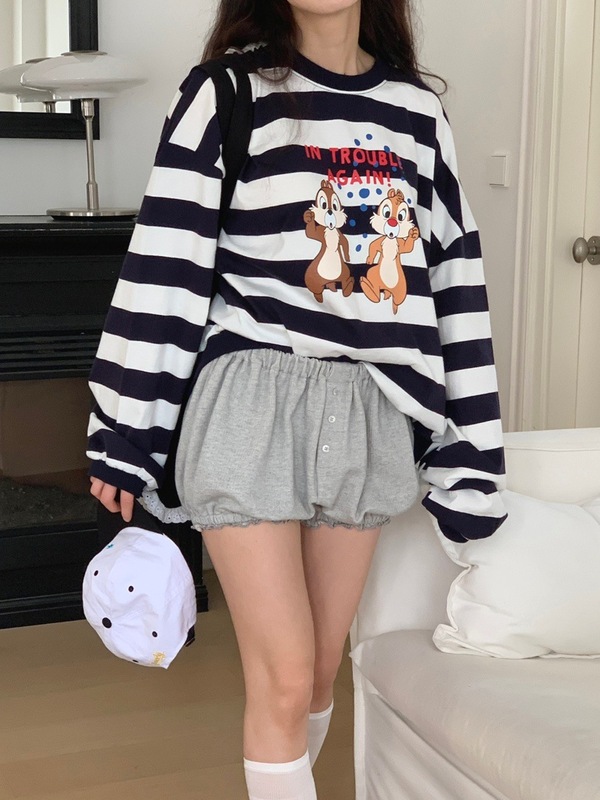 韩版2025夏新款美式风休闲宽松条纹减龄动漫印花防晒衫T恤上衣女|undefined
