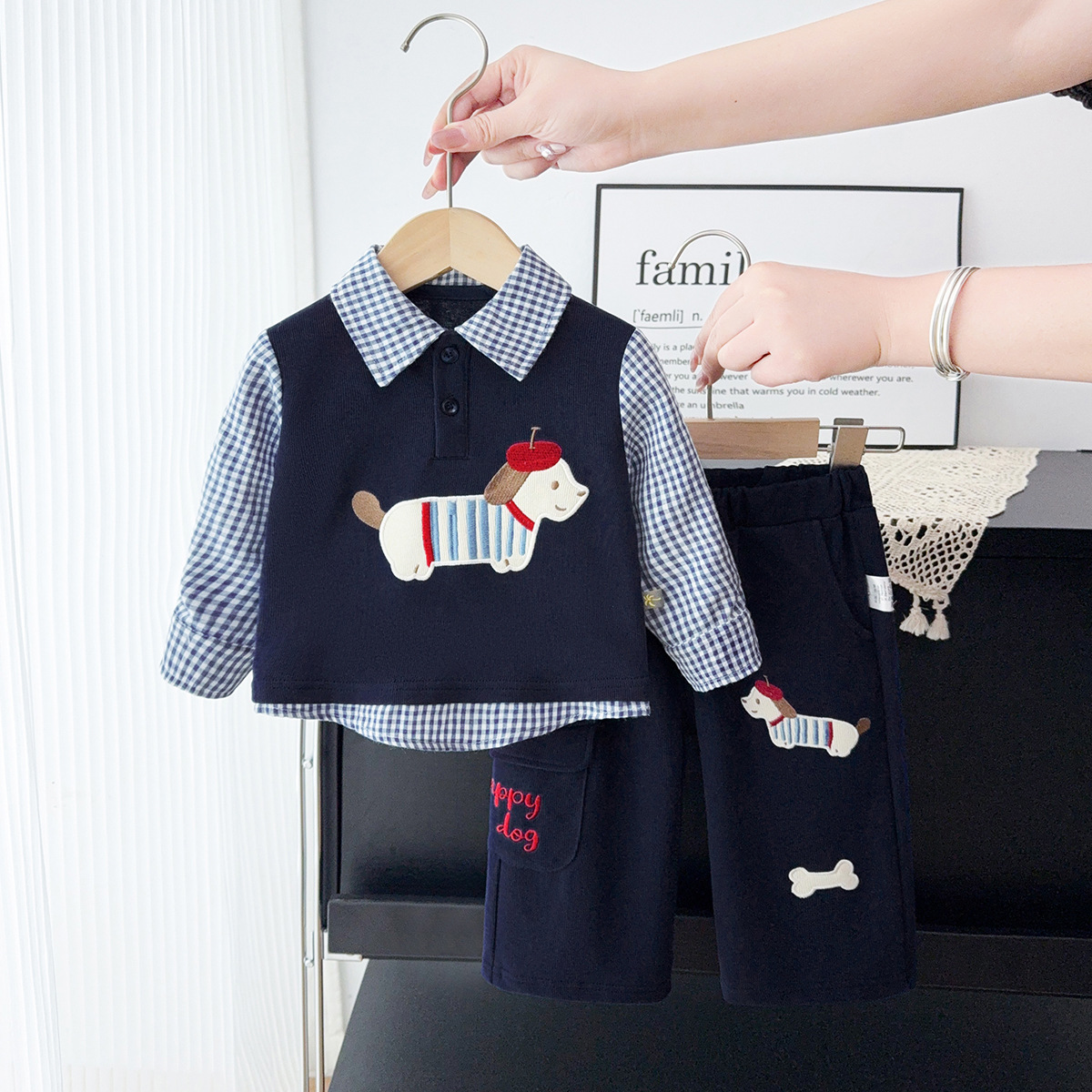 婴儿学院风可爱小狗套装假两件翻领卫衣宝宝两件套婴幼儿衣服批发