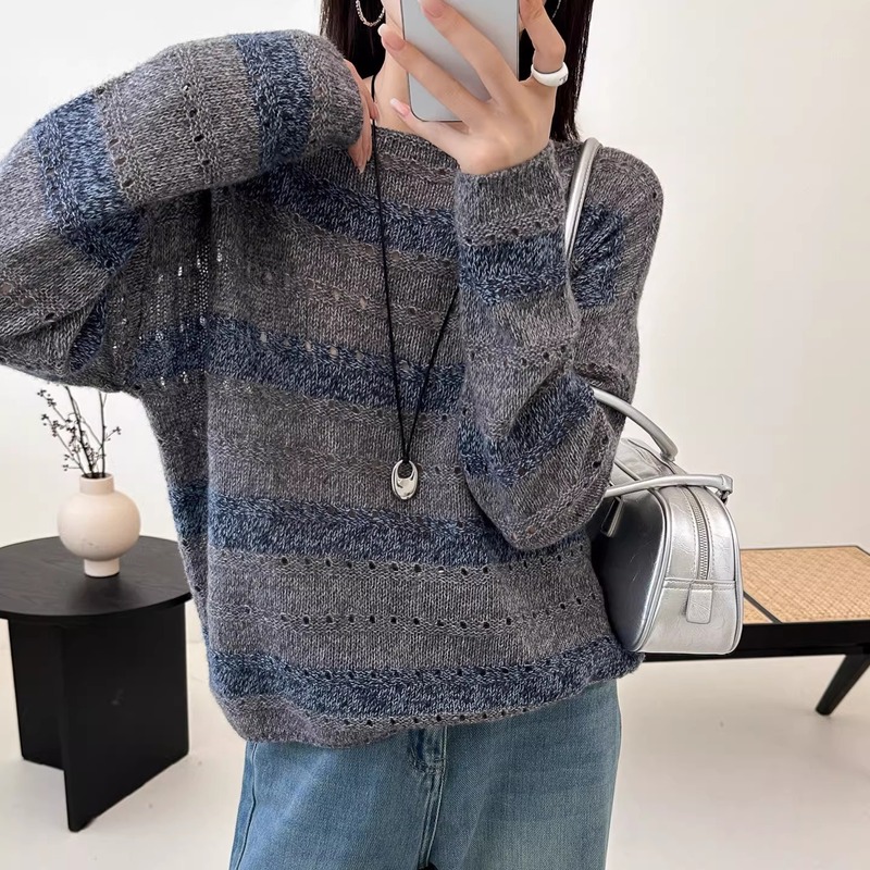 丝羊绒横条纹宽松羊毛衫女2025秋装新款圆领欧货针织衫休闲毛衣女|undefined