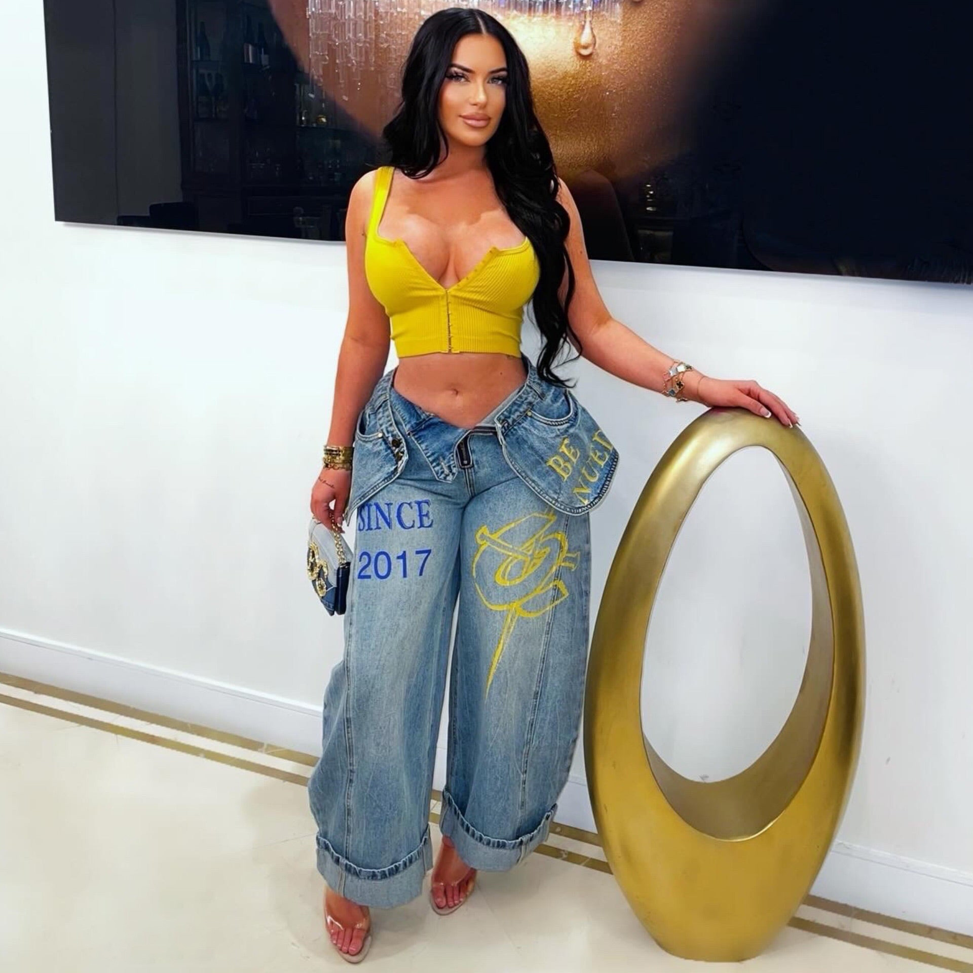 Women's Faux Two-Piece Layered Double Waist Printed Loose Wide Leg Jeans Style New_mkmklike.com