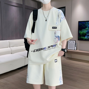 Summer Ice Silk Suit for Boys, Teenagers and Students, National Trend Short-Sleeved Shorts, Loose and Matchinging a Set of Handsome Clothes