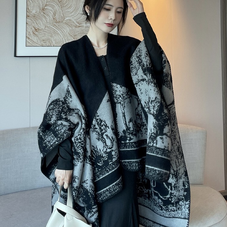 小众设计感开叉斗篷大披肩女秋冬空调房保暖双面针织高端披风外搭|undefined