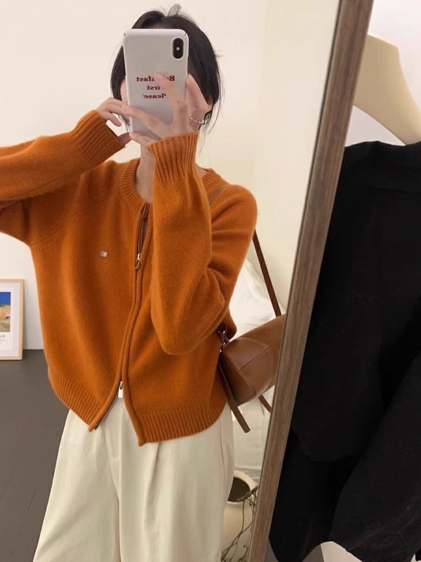 2025秋冬新款拉链开衫女100羊毛衫女欧货厚款短款羊绒毛衣外套|undefined
