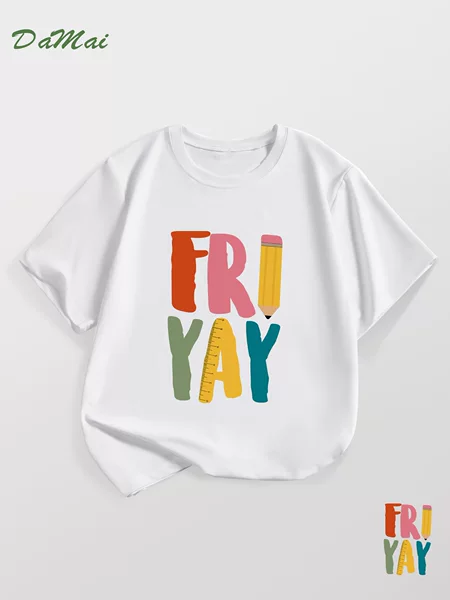 Amazon Cross-Border Girls Spring and Summer Casual Short-Sleeved T-Shirt Back-To-School Season Letter Print Round Neck Comfortable Children's Clothing Dropshipping