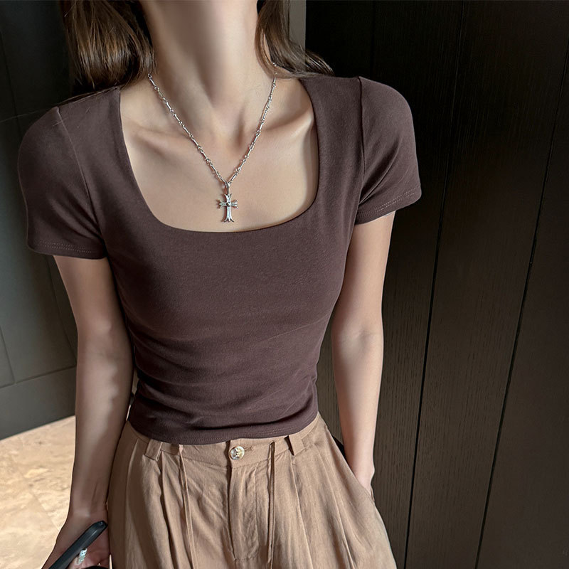 Right Shoulder Short-Sleeved T-Shirt for Women 2025 Summer Square Collar Slim Fit Exposed Collarbone Tight Pure Cotton Korean Style Inner Top High-End
