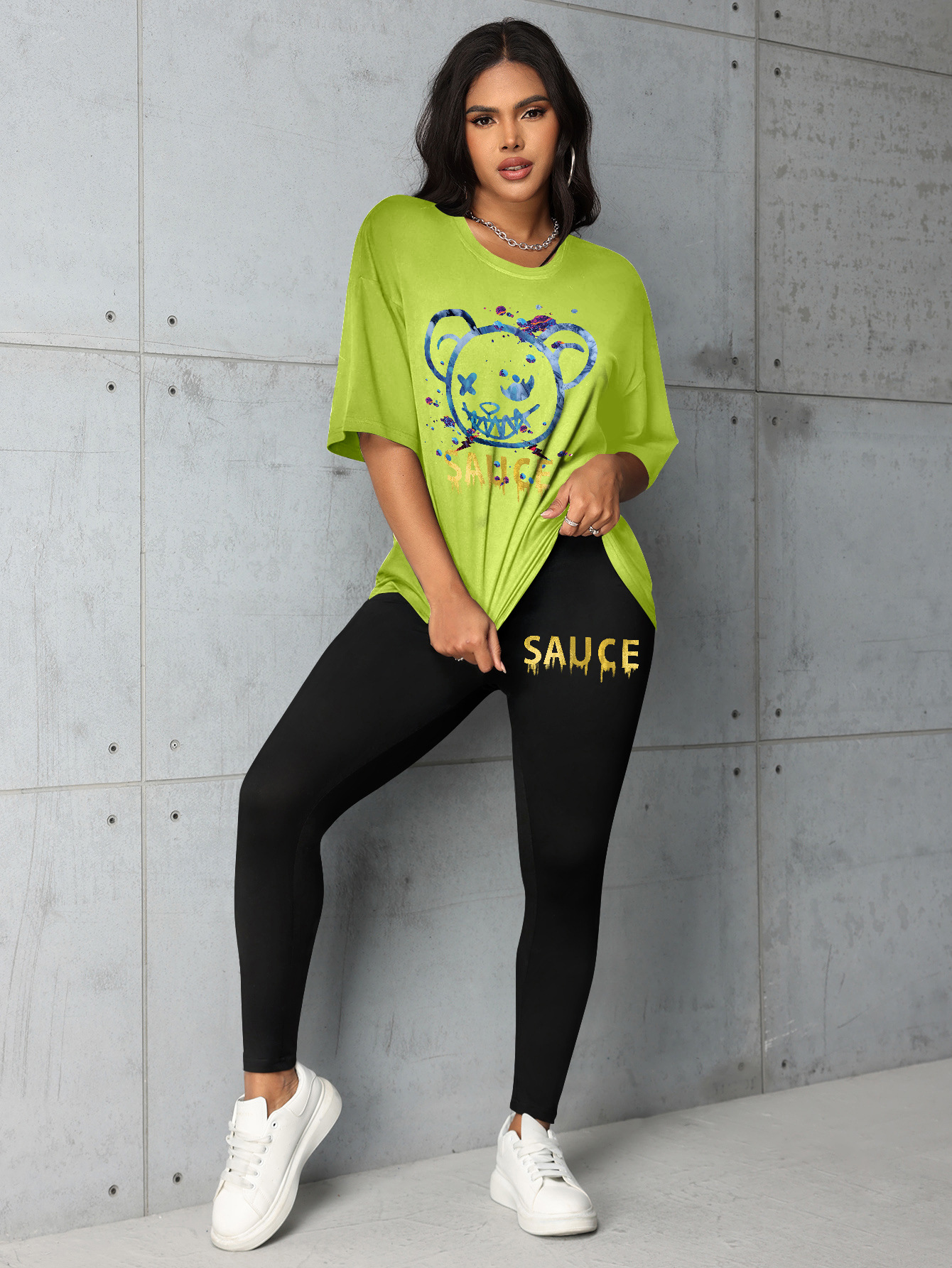 Plus Size Women’s Matching Set With Letter & Bear Print Summer_voghion.com