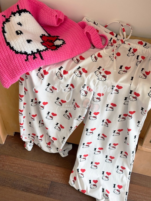 Ilovekitty 短袖长裤睡衣居家服韩系可爱t恤短袖+阔腿宽松长裤|undefined