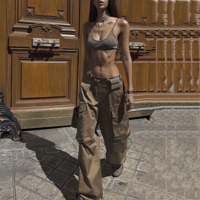 Vintage American Style Low Waist Loose Woven Pants Women's Multi-Pocket All-Match Casual Cargo Pants Trousers Spice Girls Wide Leg Pants Women