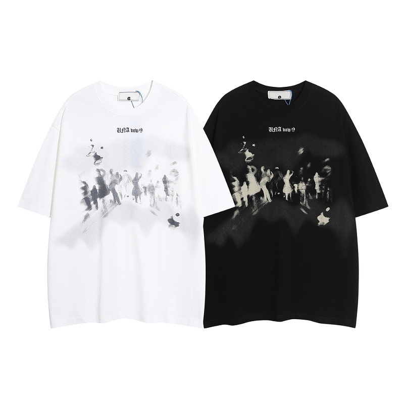 2024 patrón de figura difusa tendencia de manga corta tendencia estadounidense nueva camiseta suelta de cuello redondo popular juvenil para hombres