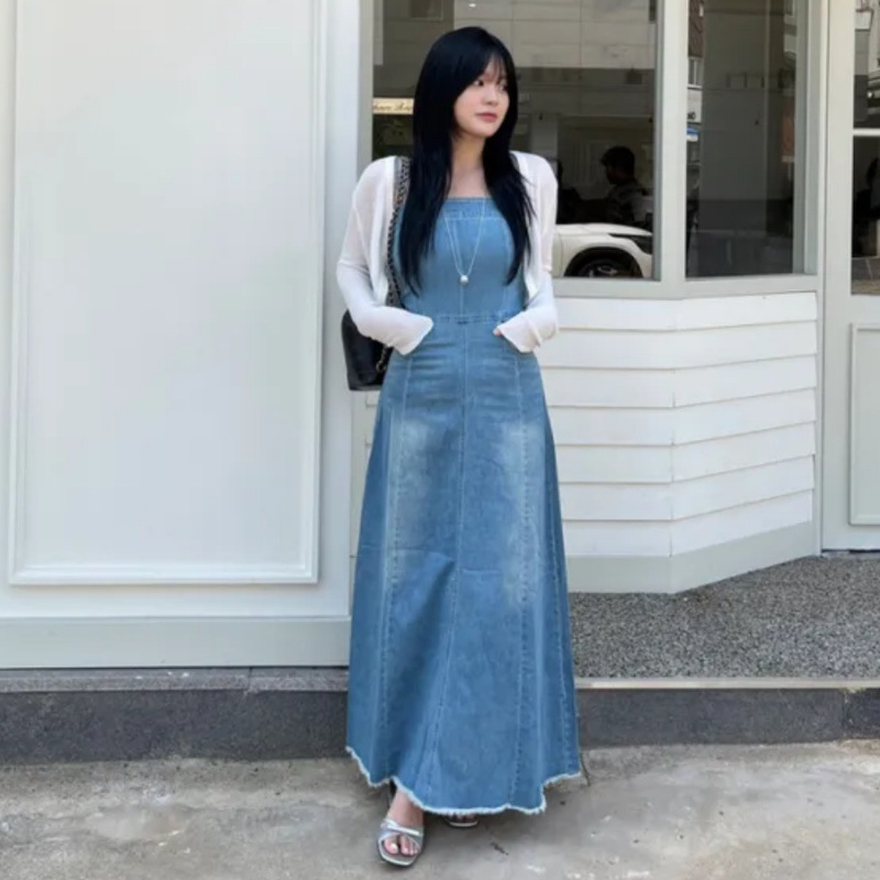 Korean 26 Summer New Style Adjustable Back Cross-Strap Corset Denim Maxi Dress
